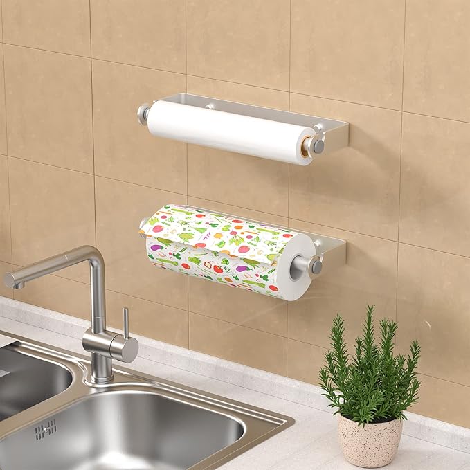 Under Cabinet Paper Towel Holder, Adhesive or Drill Mount Paper Towel Holder, Wall Mount Paper Towel Holders for Kitchen or Bathroom (Silver) 2 Pack