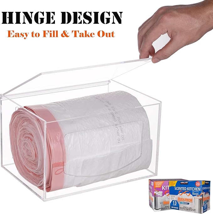 Extra Large Trash Bag Dispenser Roll Holder with Lid, Acrylic Stackable Garbage Bag Holder Dispenser Under Sink, Wall Mounted Kitchen/Pantry/Laundry Room Organization and Storage, Clear