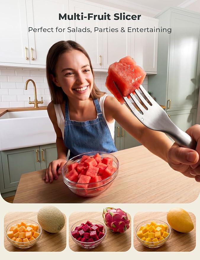CripsTaste Watermelon Fork Cutter Slicer Tool, 2-in-1 Stainless Steel Fruit Cutter Melon Slicer Cutter Tool, Watermelon Cutting Tool for Home Party Camping Kitchen Gadget