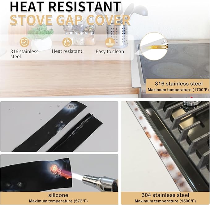 Stove Gap Covers 316 Stainless Steel,2 Pack 23.2" Fixed Stove Gap Filler,Heat Resistant Stove Gap Guards,Between Stove and Counter Slide In Range Trim Kit for Kitchen,Fits Narrow Gaps,Silver