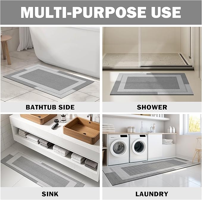 Non Slip Bath Mat, Rubber Backing Ultra Thin Bathroom Rugs Fit Under Door Quick Dry Super Absorbent Washable Bath Rug Shower Mat for Bathroom Floor Bathtub Shower Sink, Easy Care Gray 24"x 35"