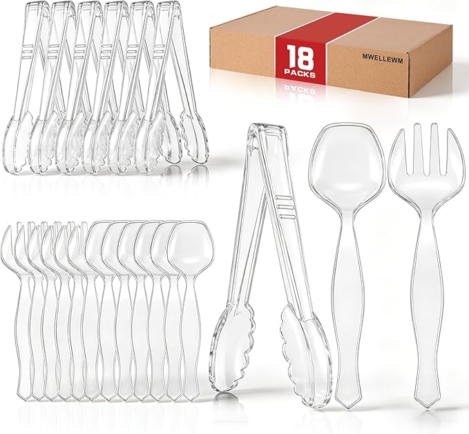 Mwellewm 18Pcs Serving Utensils, 8.5'' Plastic Serving Utensils Set, Disposable Serving Spoons for Buffet, Large Serving Tongs for Food Heavy Duty Party Supplies for Salad Soup Cooking Catering(Clear)