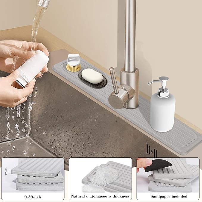 Stone Faucet Mat for Kitchen Sink, 23.6" Diatomite Drying Stone Kitchen Sink Mat Super Absorbent, Kitchen Sink Splash Guard, Sink Stone Quick Dry Around Faucet for Kitchen Bathroom Counter