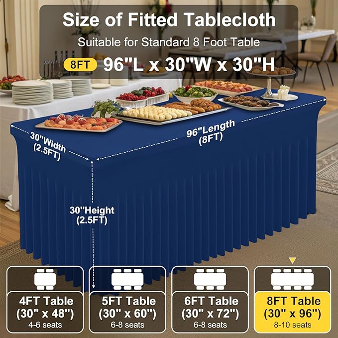 Smiry Spandex Tablecloth 2 Pack, Elastic Fitted Stretch Tablecloth for 8FT Rectangle Tables, Waterproof Washable Table Cover Skirt for Outdoor, Wedding, Banquet & Parties (Navy, 96Lx30Wx30H Inch)