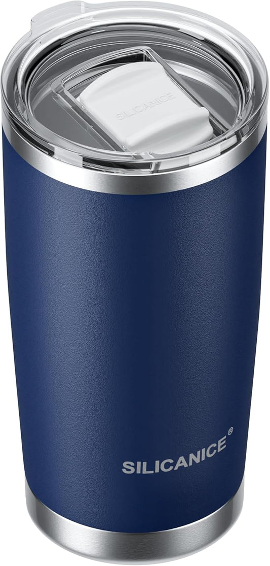 20oz Hygienic Stainless Steel Vacuum Insulated Tumbler w/ Easy-On/Easy-Off Lid - Removable slider, Double Wall 18/8 Travel Mug, BPA-Free, Fits Cup Holders, Premium Quality, Smart Value - Navy Blue