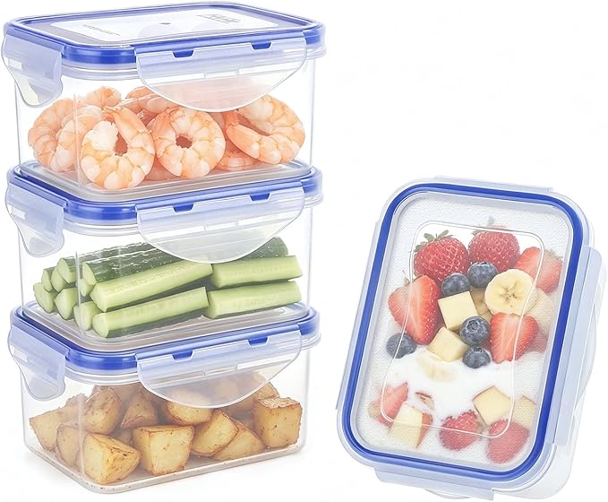 KIGI Small Food Storage Containers, Rectangle, 4-Sided Locking Airtight Lids, BPA-Free Plastic, Leak-Proof for Lunch, Meal Prep, Snack & Portion Control, 17 oz / 2.1 Cup, 8 Piece Set