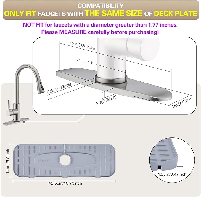 Silicone Faucet Mat, Kingmall Kitchen Faucet Mat Silicone Faucet Drip Catcher for Kitchen Faucet Drip Catcher, Tailor-Made for Faucets with 1cm(0.4 Inch) Deck Plate【Light Grey】