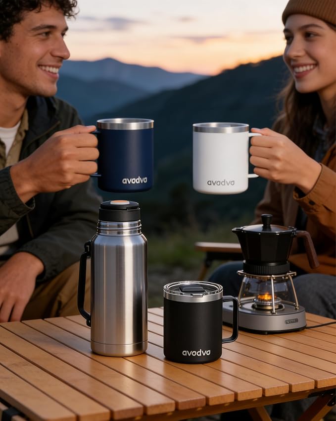 4 Pack 12oz Insulated Coffee Mug with Lid – Double Wall Stainless Steel Travel Cups with Handle, Keep Hot & Cold Drinks, Ideal Gift for Coffee Lovers, Office & Camping, Dark (Assort colors)