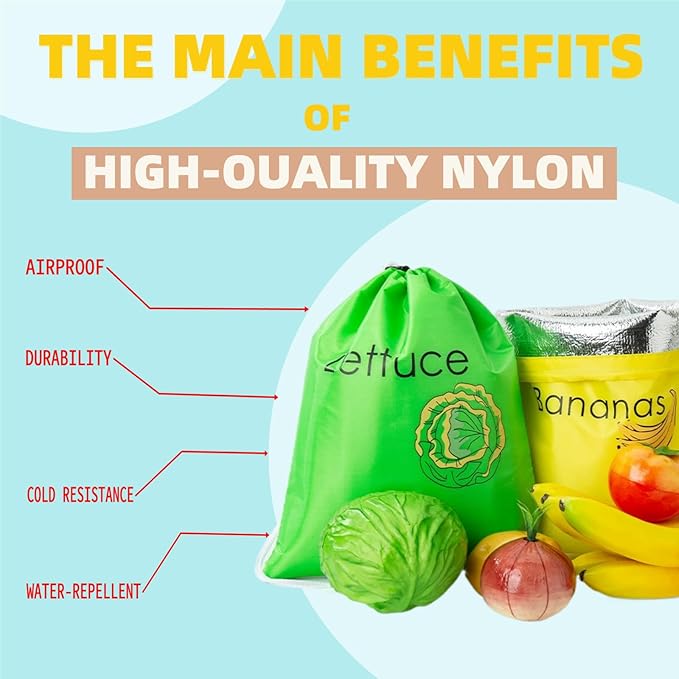 Small Mesh Drawstring Produce Bags 3 Pack + 5 Bonus Films - Washable Reusable Storage for Refrigerator, Keep Fruits and Vegetables Organized, Eco-Friendly Grocery Essential