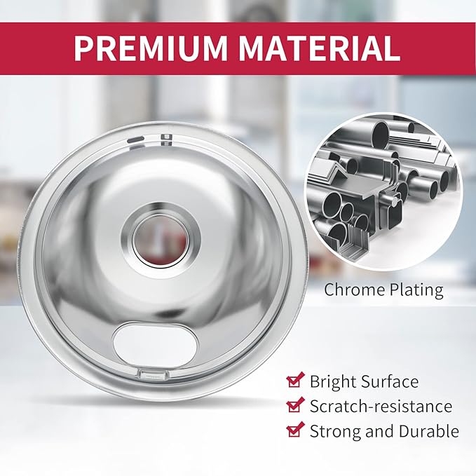 W10196405 W10196406 Stove Burner Drip Pans for Electric Stove Top-Compatible with Whirlpool Electric Range-Thickening to Prevent Bent-Set of 4 Chrome Drip Pans, Silver