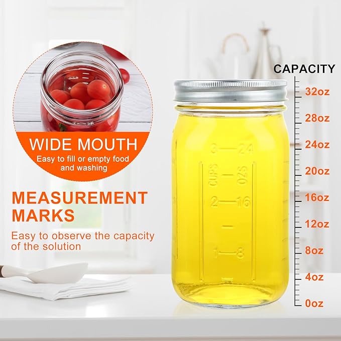 Wide Mouth Mason Jars 32 oz, 12 Pack Clear Glass Mason Jars with Airtight Lids and Bands, Quart Canning Jars for Preserving, Canning, Meal Prep, Pickling