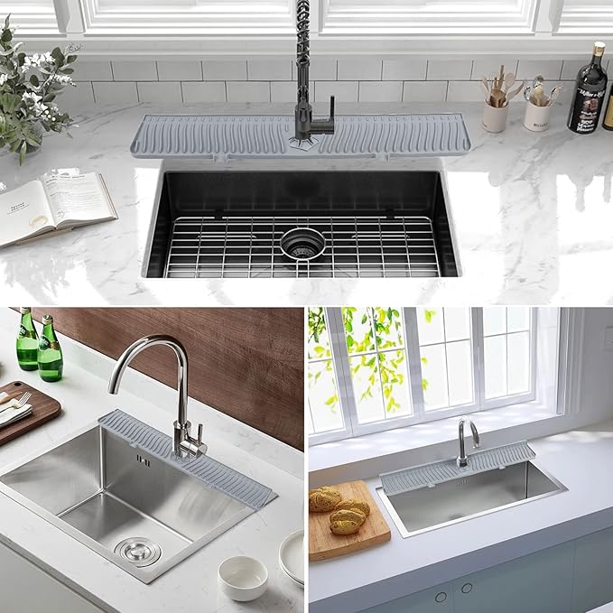 Derlights 30 inch Sink Splash Guard Mat,Silicone Faucet Handle Drip Catcher Tray, Longer Silicone Sink Mat for KitchenBathroom, Drip Protector Splash Countertop (gray)