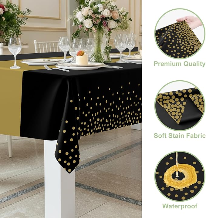 Smiry Plastic Table Cloth Disposable 10 Pack, 54 x 108 Inch Rectangle Waterproof Tablecloth, Printed Gold Table Runner Style for Birthday Weeding, Party Decorations, Leakproof & Sturdy, Black and Gold