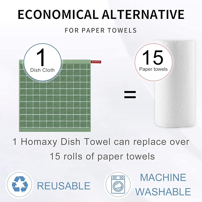 Homaxy 100% Cotton Terry Kitchen Dish Cloths, Ultra Soft and Absorbent Dish Towels for Kitchen, Suitable for Drying and Washing Dishes, 6 Pack, 12 x 12 Inches, Grass Green