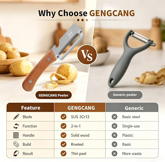Multi-Functional Vegetable Peeler, Non-Slip Wooden Handle with Sharp Stainless Steel Blade, Built-in Bottle Opener - Perfect Kitchen Peeler For Veggie, Fruit, Potato, Carrot, Apple