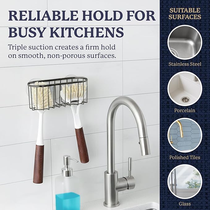 Best Brands Farberware Sponge Holder for Kitchen Sink—Brushed Metal Sink Caddy Organizer with Triple Suction Cups, Kitchen Organizer for Sponges, Brushes, Soap & Cleaning Essentials