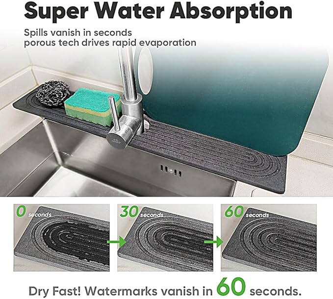 Stone Faucet Mat For Kitchen Sink with Raised Feet, 23.6" Long Diatomite Quick Drying Stone Sink Tray, Super Absorbent Kitchen Sink Splash Guard Sink Protectors for Kitchen Bathroom Counter
