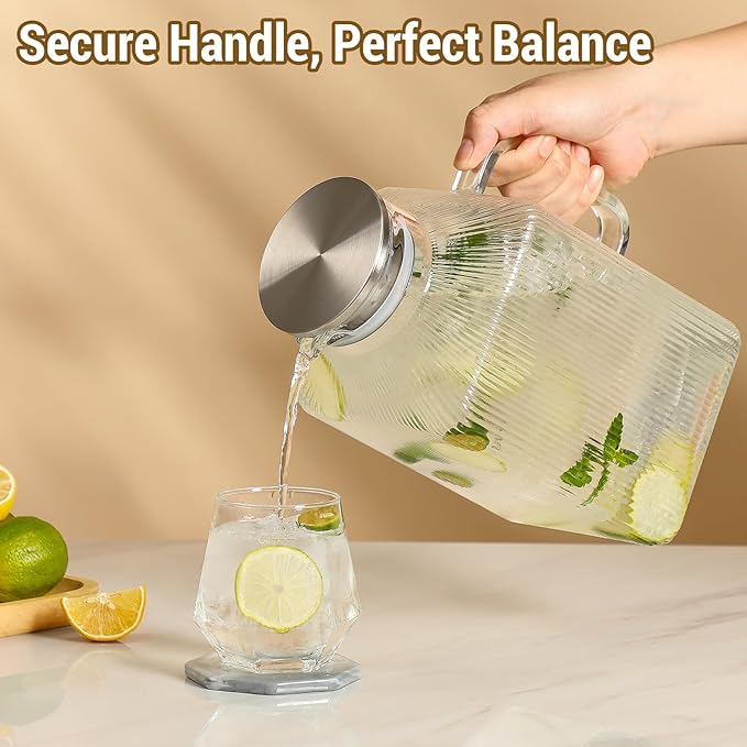 1 Gallon thickened Square Glass Pitcher with Lid, Classic Stripes Water Pitchers for Fridge, Borosilicate Glass Carafe for Hot/Cold Brew Drink, Extra Large Jug with Handle for Iced Tea, Coffee, Juice