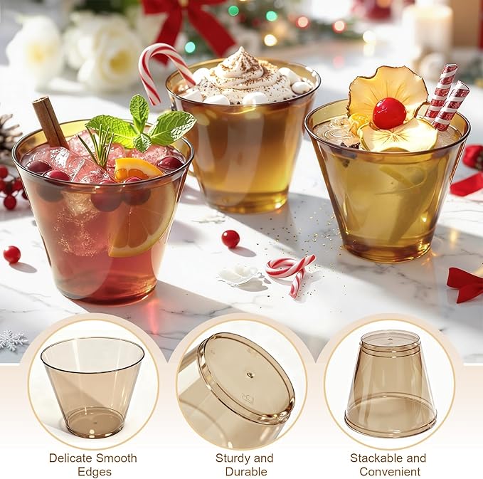 9 oz Clear Plastic Cups Brown Plastic Disposable Cups for Cocktail 50 Pack Fancy Cocktail Cup for Party Stemless Wine Glasses for Party Wedding Graduation Birthday Father's Day