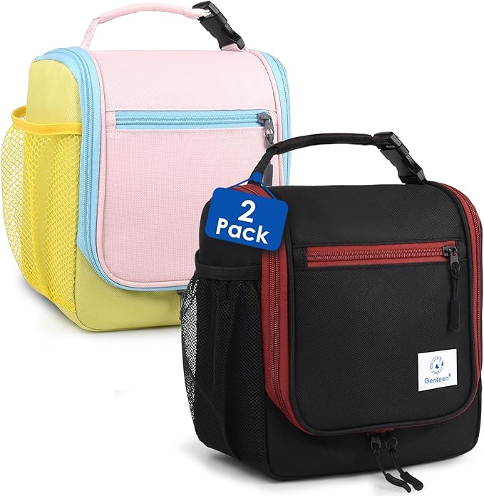 Genteen Kids Lunch Box, Insulated Lunch Bag for Kids, Toddler, Girl, and Boy; Holds Lunch Box, Water Bottle, & Snacks; Easy-Clean Water-Resistant Fabric & Multiple Zippered Pockets (Black/Yellow Pink)