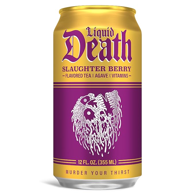 Liquid Death Iced Tea - Slaughter Berry (Raspberry-Flavored Black Tea), Less Sugar*, Boost of Caffeine, B Vitamins, No Artificial Sweeteners, 12 Fl Oz (Pack of 12)