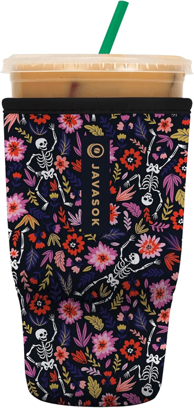 Sok It JavaSok Iced Coffee & Cold Soda Insulated Neoprene Cup Sleeve (Floral Skeleton, Large: 30-32oz)