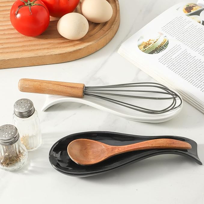 Ceramic Spoon Rest for Stove Top,Large 8.7 Inch Spoon Holder for Kitchen Counter,Porcelain Rest for Thankgiving and Christmas Gift,Dishwasher Safe and Heat-Resistant,White and Black(2 PC)