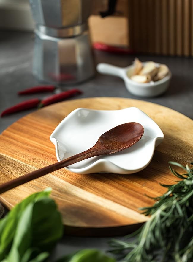 Cute Spoon Rest for Stove Top, Ceramic Spoon Holder for Kitchen Counter, 5.3 Inches Coffee Spoon Holder Utensil Rest for Kitchen Gadget Cooking Gift Housewarming Wedding,Kitchen Decor, White
