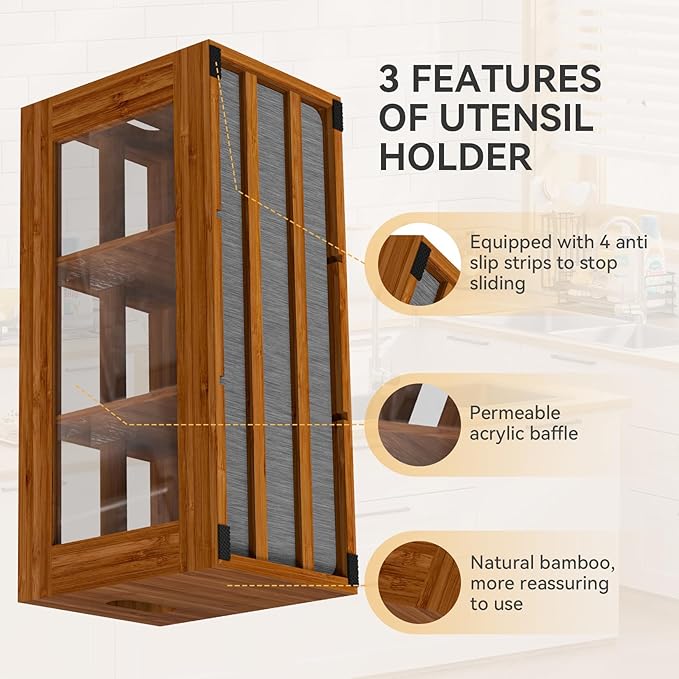 Yofidra Bamboo Utensil Holder & Silverware Organizer: Extra Large Cooking Holder with Absorbing Drying Stone and 6 Compartments Kitchen Countertop Storage Farmhouse Decor Accessories, Brown