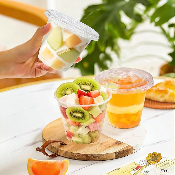Clawsoff 50 Pack 9 oz Plastic Cups with Flat Lids, Clear Parfait Cups No Hole, Disposable Dessert Cup, Putting Cup for Cold Drink, Ice Cream, Fruit, Salad