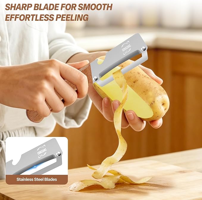 Multi-Functional Vegetable Peeler, Non-Slip Wooden Handle with Sharp Stainless Steel Blade, Built-in Bottle Opener - Perfect Kitchen Peeler For Veggie, Fruit, Potato, Carrot, Apple