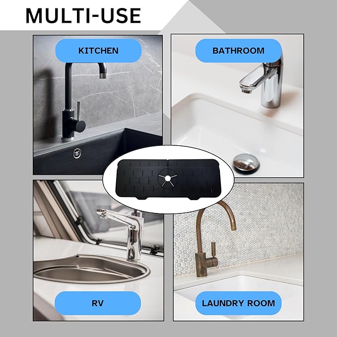 Silicone Sink Splash Guard, Drip Catcher Tray Mat | Kitchen Guard Gadgets Sink Accessories, Kitchen Sink Sponge Holder | 15" x 5.5" Drying Mat for Kitchen Counter, Faucet Accessories - Black