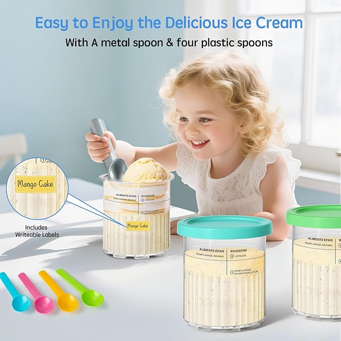 Creami Deluxe Pints & Lids Compatible with Ninja NC500 NC501 Series Ice Cream Makers, 24 Oz, BPA-Free, Dishwasher Safe, 4 Colors, with 5 Spoons & 64 Writable Labels, 4 Pack