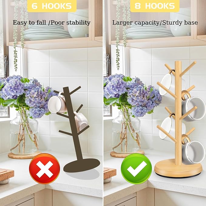Mug Holder Tree,New Upgraded 360° Rotated 8 Hooks Coffee Cup Holder for Counter,Wood Coffee Mug Rack Standing for Coffe e Bar Accessories and Kitchen Home Organizer(Natural)