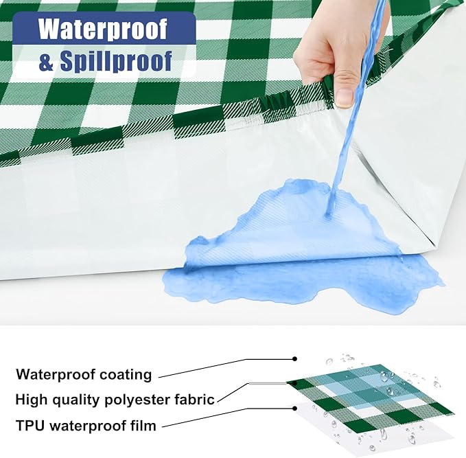 Smiry Picnic Table Cloth 2 Pack, Waterproof Elastic Fitted Tablecloths for 8FT Rectangle Tables, Washable Polyester Buffalo Plaid Tablecloth for Camping & Outdoor (Hunter Green & White, 30" x 96")