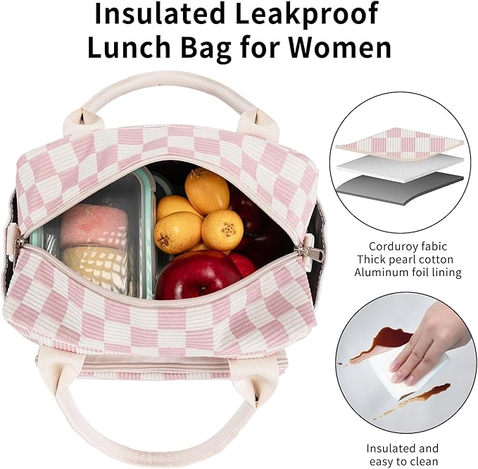 Lunch Bag Women Lunch Box for Women Adult Cute Insulated Lunch Bag Lager Cooler Lunch Tote Bags for Work Picnic (Beige-Pink Plaid)