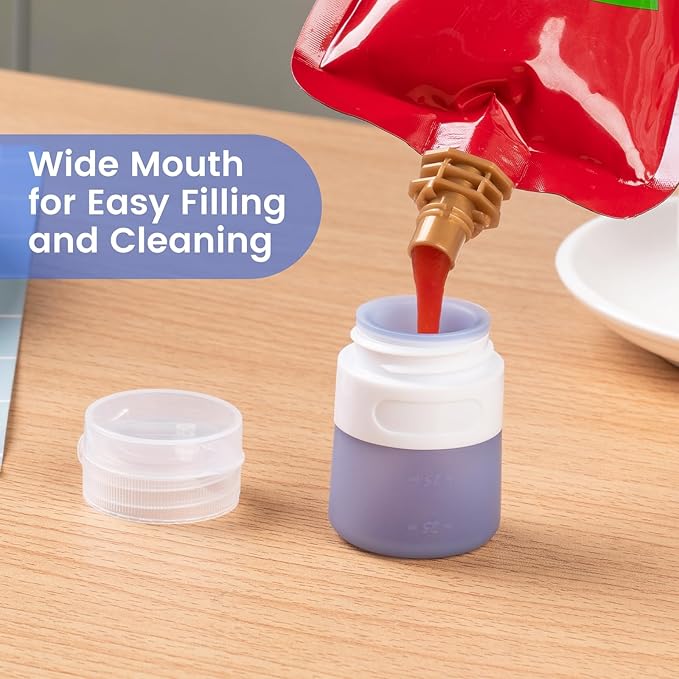 MICEBAY Condiment Squeeze Bottles for Sauces, 1-oz Mini Silicone Salad Dressing Container to Go with Snack Storage Bag, Leakproof Sauce Bottles for Lunch Box, 4 Pack, Blue