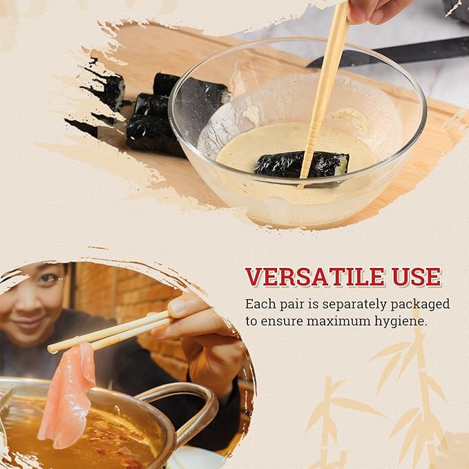 52USA Disposable Bamboo Chopsticks (200 Sets), 9" Individually Wrapped Wooden Chopsticks Bulk, Eco-Friendly, Smooth & Splinter-Free, Perfect for Sushi, Noodles, Asian Cuisine, Takeout & Parties