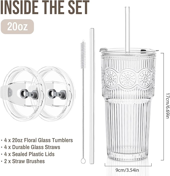 SoulTimes 20oz Ribbed & Floral Glass Tumbler Set of 4 – Reusable Glass Cups with Lid and Glass Straw, Iced Coffee Cups for Water, Smoothie, Milk, Cocktail & More – Perfect for Daily Use & Travel