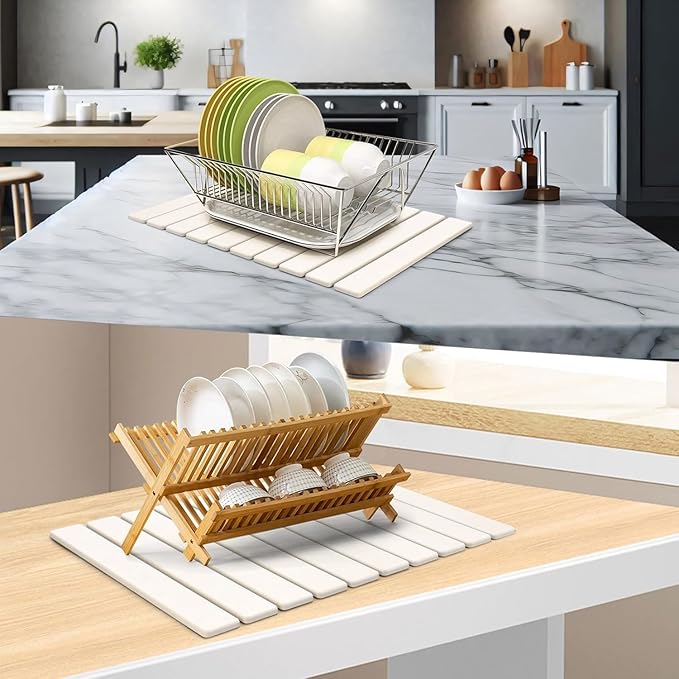 2Pcs Large Stone Dish Drying Mat for Kitchen Counter, Foldable Super Absorbent Diatomaceous Earth Mats with Anti-Slip Leather Base, Quick Drying Modern Dish Mat (White, 24"x 16" & 8"x 4")