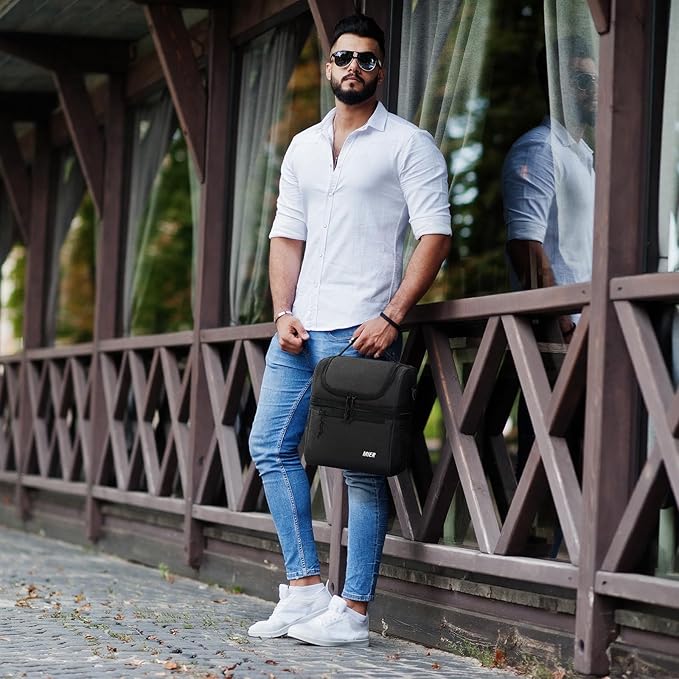 MIER Insulated Lunch Box Dual Compartment Lunch Bag Leakproof Cooler for Men Women Adult Work, Dark Grey, Medium (Upgraded Extra-Tall Bottom Layer)