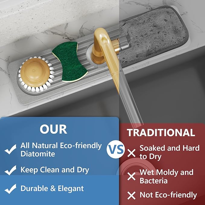 Stone Quick Dry Faucet Mat for Kitchen Sink [Diatomite Super Fast Drying] Stone Faucet Mat for Kitchen Sink Splash Guard Sinks Stones Quick Dry around Faucets Stones Drying Bathroom