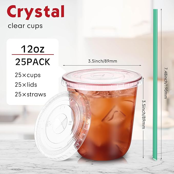 Baderke 25 Set Plastic Cups with Lids and Straws, Disposable Plastic Iced Coffee Cup for Cold Beverage Juice Smoothie Crystal for Coffee Shops Party Catering(Pink,12 oz)