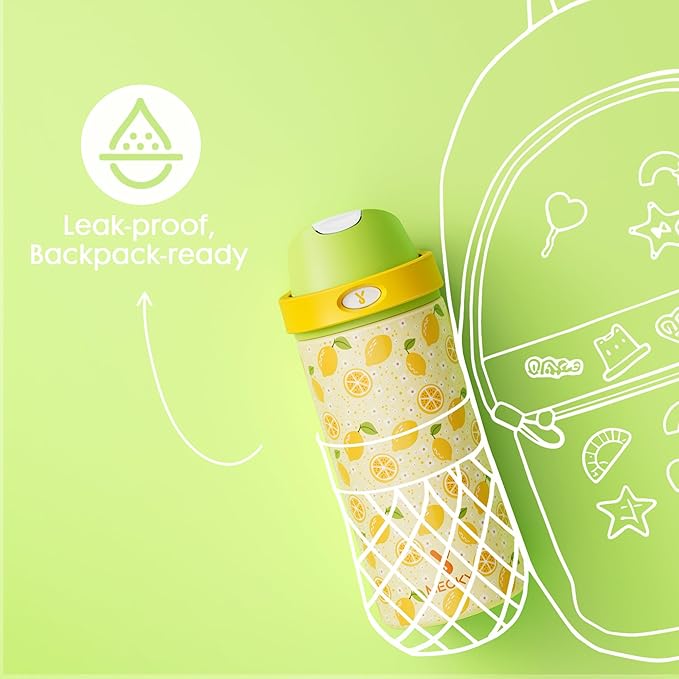 18 oz Stainless Steel Water Bottle for Kids: Meoky Insulated Water Bottle with 2-in-1 Straw and Spout Lid - Leak Proof, Cold for 24 Hours, BPA-Free for Boys Girls School Backpacks Sports, Sunny Lemons