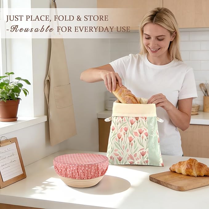 Beeswax Bread Bag and Bowl Cover Set, Reusable Beeswax Bread Bag for Sourdough and Homemade Bread, Natural Lined Cotton Bowl Cover for Dough Proofing, Perfect for Baking and Storage