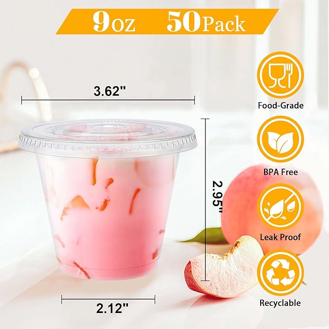 Clawsoff 50 Pack 9 oz Plastic Cups with Flat Lids, Clear Parfait Cups No Hole, Disposable Dessert Cup, Putting Cup for Cold Drink, Ice Cream, Fruit, Salad