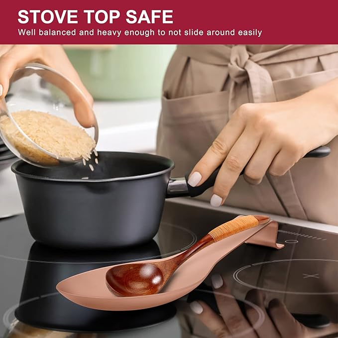 Spoon Rest Set of 2, E-far Stainless Steel Rose Gold Spoon Ladle Holder, Metal Copper Spatula Rest for Kitchen Stove Top, Large Size & Dishwasher Safe