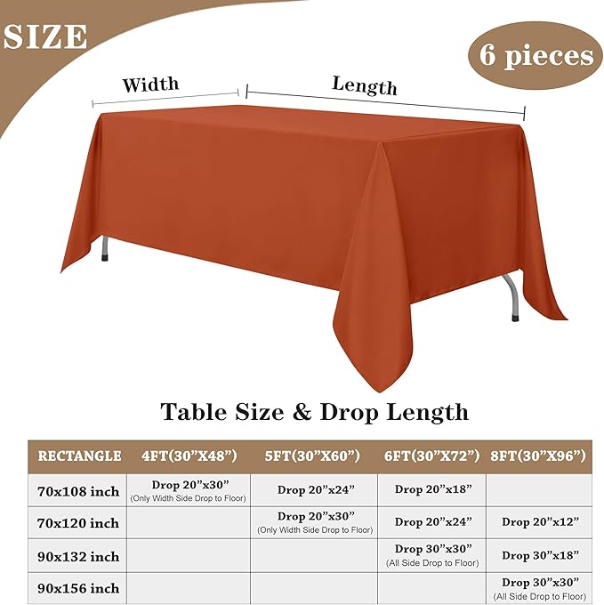 Fitable 6 Pack Rust 70?20 Inch Rectangle Tablecloth - Stain Resistant and Washable Table Cover, Polyester Fabric Table Cloth for Wedding, Party, Banquet, Formal Events