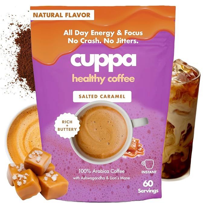 Cuppa Salted Caramel Mushroom Coffee with Adaptogens & Superfoods - Lion’s Mane, Ashwagandha & Cordyceps. Adaptogens + MCT to support natural energy, mental focus & gut health (60 Servings)
