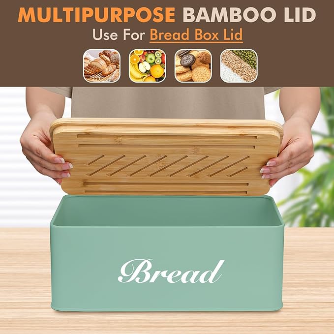 RYTOXILO Bread Slicer with Bread Box, Green Bread Storage Container for Kitchen Countertop with Multifunction Bamboo Lid, 3 in 1 Breadbox for Loaf Slicing & Tray, Bread Holder for Kitchen Counter